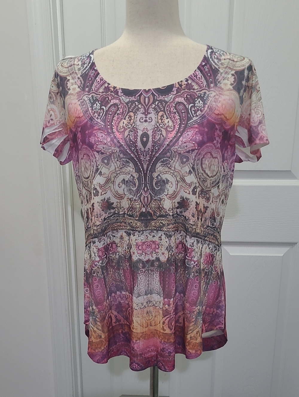 World Unity Boho Print Short Sleeve Peplum Top - Purple Multi